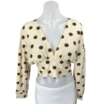 Zara Cream Brown Linen Long Sleeve Polka Dots V Neck Tie Blouse Crop Top Size M