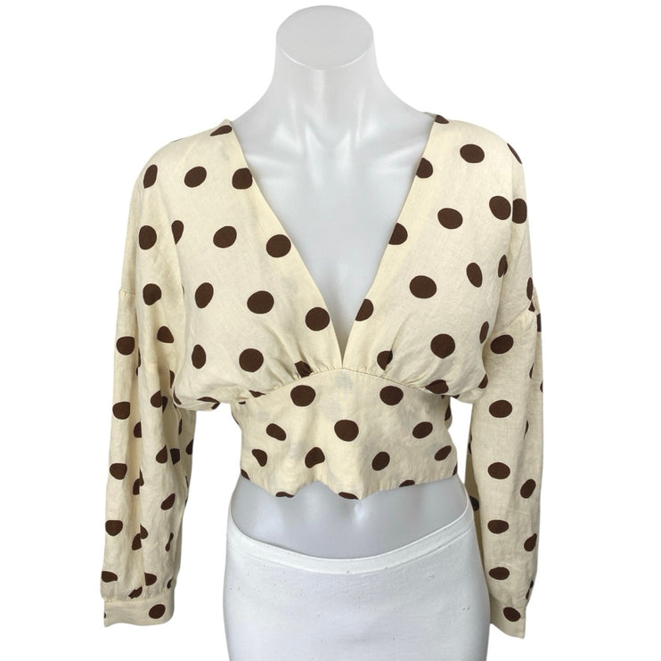 Zara Cream Brown Linen Long Sleeve Polka Dots V Neck Tie Blouse Crop Top Size M