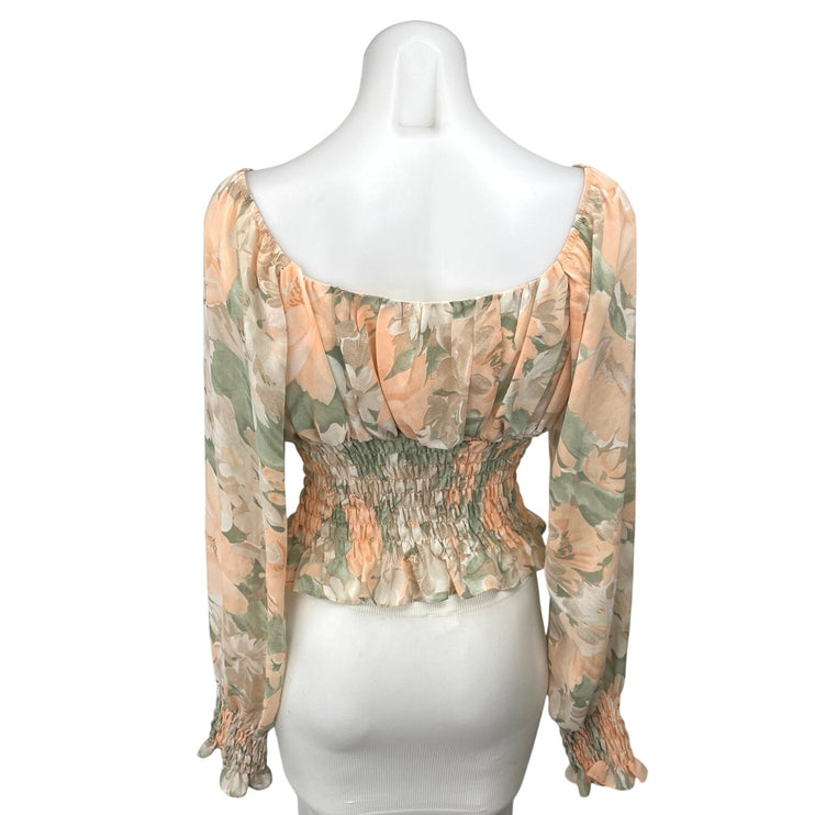 Lena Green Orange Coral Floral Long Sleeve Smocked Cropped Blouse Top Size S
