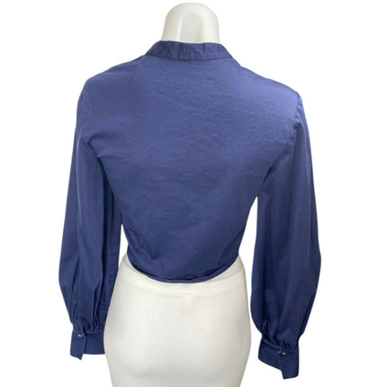 Auteur Harri Blue Long Balloon Sleeve Ruched Button Down Shirt Crop Top Size S
