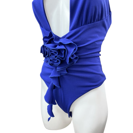 Zara Frill Floral Blue Sleeveless Halter Neck One Piece Bodysuit Swimwear Sz XS