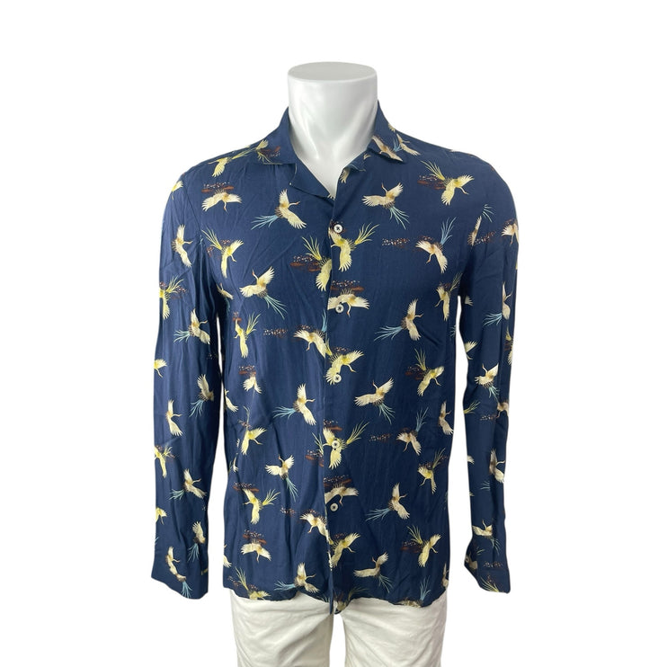 Zara Men's Blue Bird Graphic Long Sleeve Slim Fit Button Down Shirt Top Size S