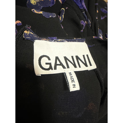 Ganni Women's Purple Floral Pansy Print Long Balloon Sleeve Mini Shift Dress 34