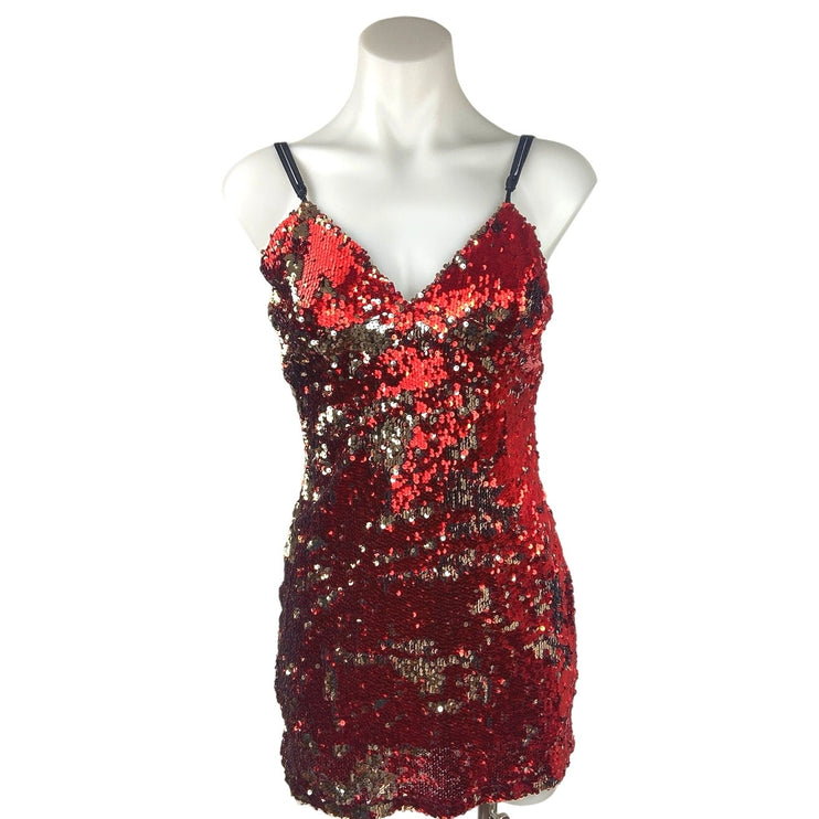 Forever 21 Red Sequin V-neck Sleeveless Bodycon Mini Party Night Out Dress Sz S