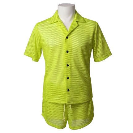 Reclaimed Vintage Neon Mesh Collared Button Down Shirt Short Tracksuit Set XS/S