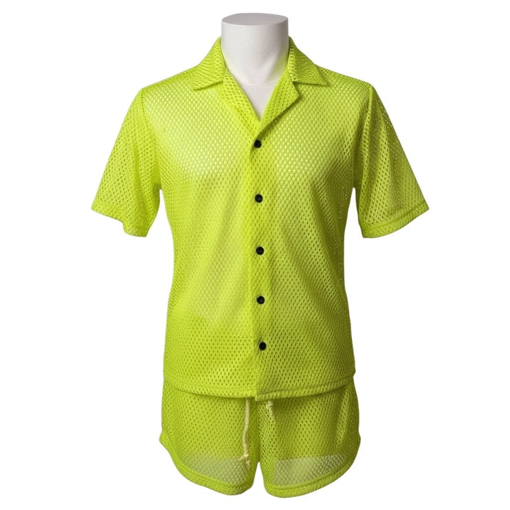 Reclaimed Vintage Neon Mesh Collared Button Down Shirt Short Tracksuit Set XS/S