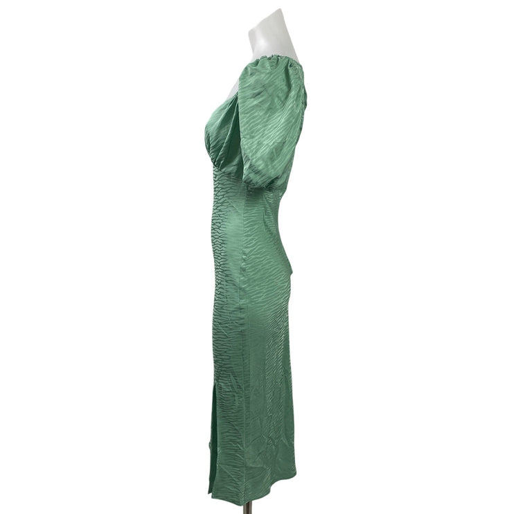 Leith Green Jacquard Short Puff Sleeve Slit Midi Bridesmaid Sheath Dress Size S