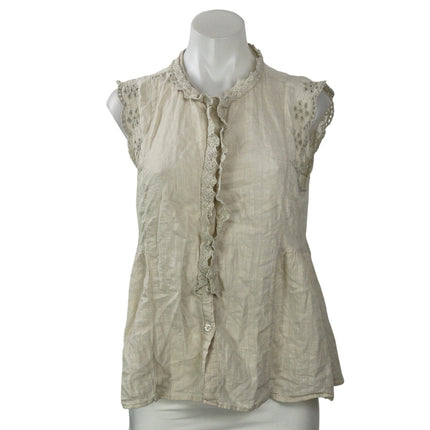 Max Studio Women's Beige Sleeveless Ruffles Crochet Button Front Blouse Top Sz M