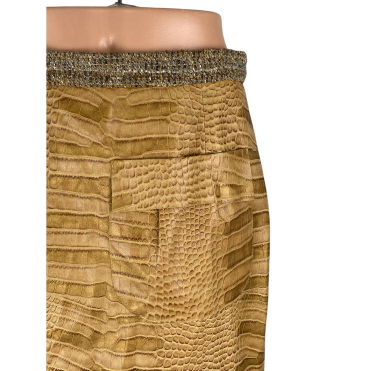 Tan Khaki Colorblock Croc-Embossed Faux Leather Vegan Pencil Mini Skirt Size 10