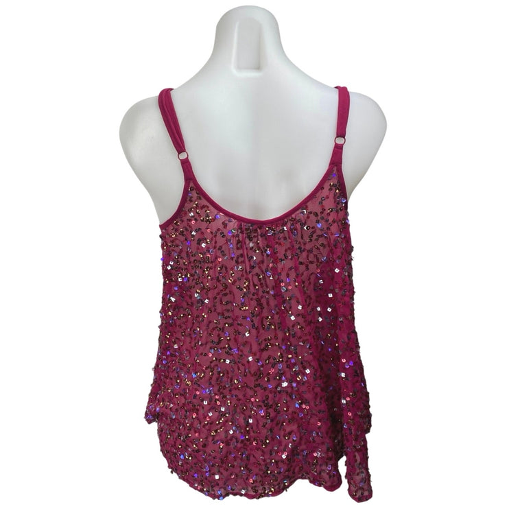 Rudi Women's Red Sequin Mesh Sleeveless Cutout Cami Tank Blouse Top Size S