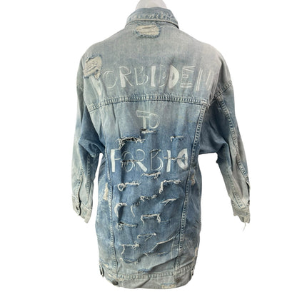 Zara Trafaluc Women's Blue Distressed Graffiti Long Sleeve Denim Jean Jacket S
