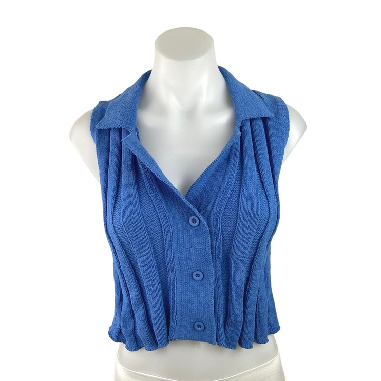 Zara Blue Collared Button Up Sleeveless V Neck Cozy Ribbed Knit Crop Top Size M