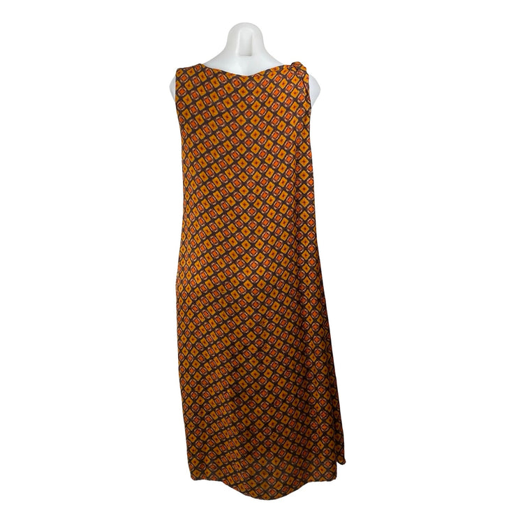 Women's Brown 100% Silk Geometric Sleeveless Bateau Neck A Line Midi Dress 12