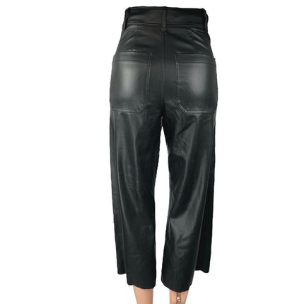 Zara Black Faux Vegan Leather Straight Wide Leg High Rise Crop Trousers Pants 0