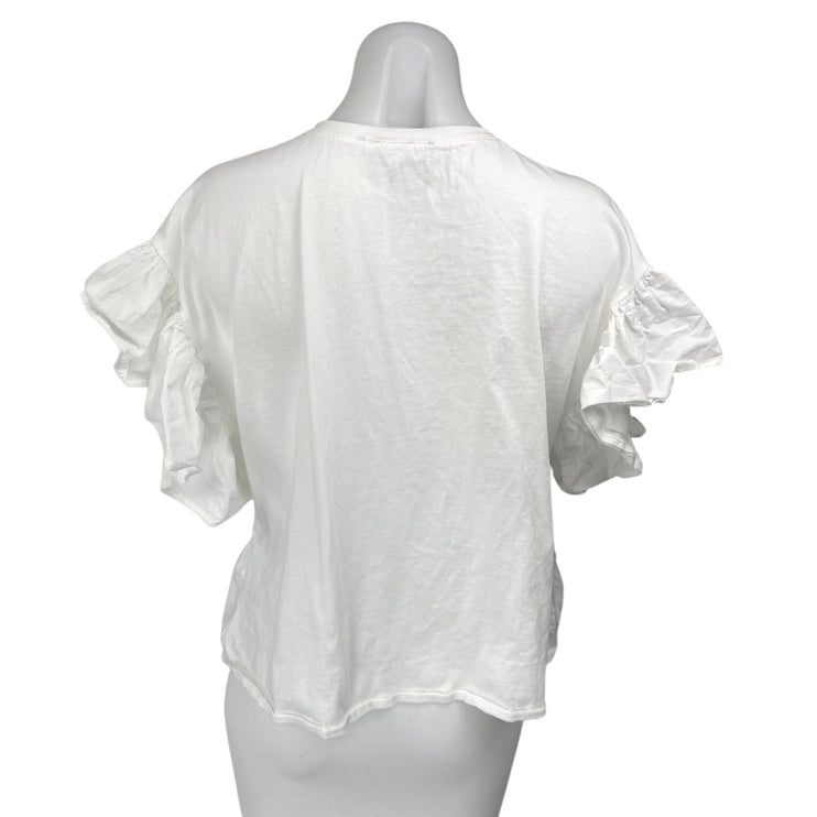 Zara Women's White Ruffle Short Sleeve Crew Neck Peplum Shirt Blouse Top Size L