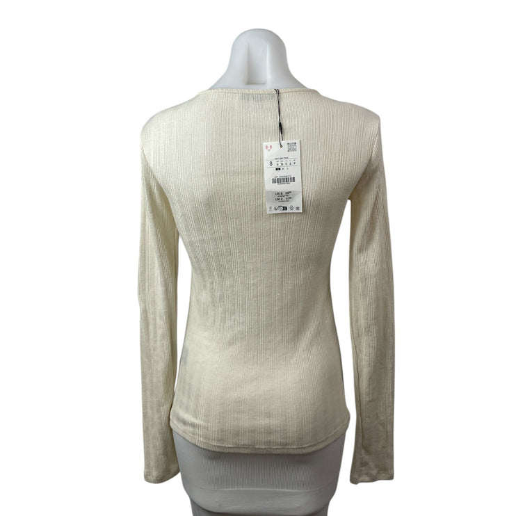 NEW Zara Cream Pointelle Ribbed Crew Neck Long Sleeve Sweater T-Shirt Top Size S