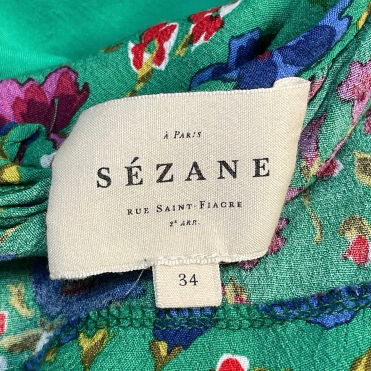 Sezane Penelope Green Floral Sleeveless Ruffle Straight Wide Leg Jumpsuit Size 2