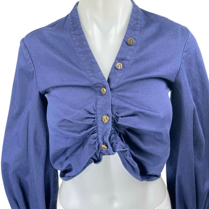 Auteur Harri Blue Long Balloon Sleeve Ruched Button Down Shirt Crop Top Size S