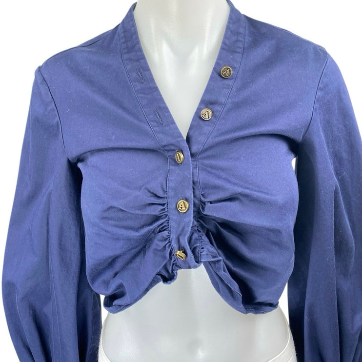 Auteur Harri Blue Long Balloon Sleeve Ruched Button Down Shirt Crop Top Size S