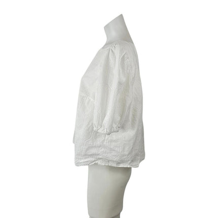 Ann Taylor Women's White Embroidered Boat Neck Short Puff Sleeve Blouse SIze L