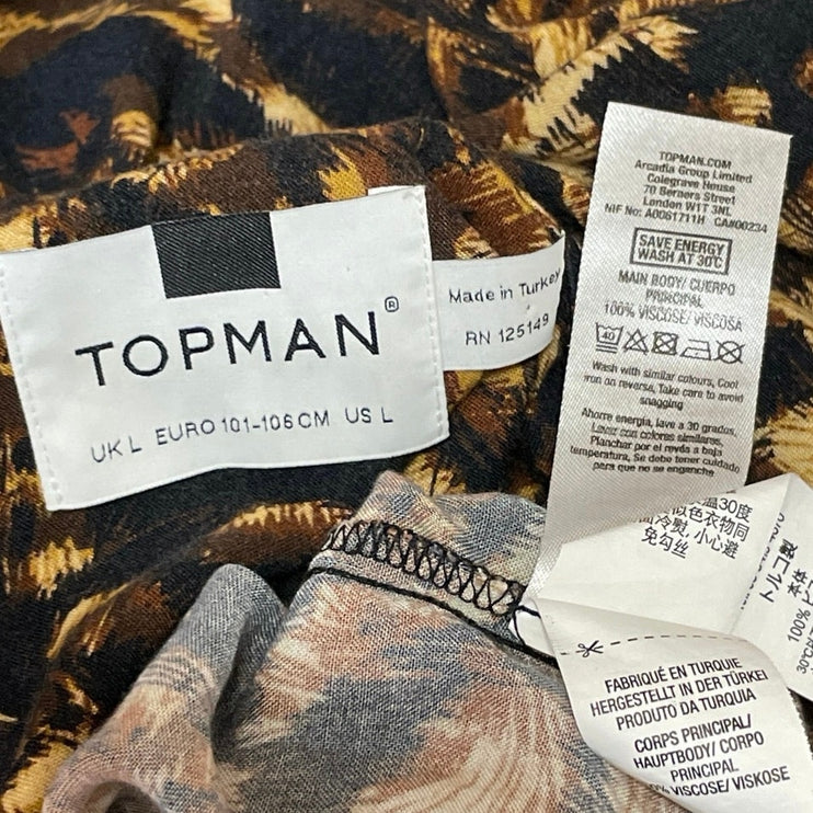 Topman Men's Brown Black Short Sleeves Animal Print Button Down Shirt Top Size L