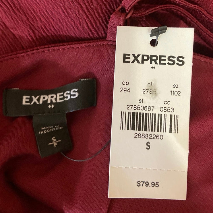 Express NWT Red Satin Notch V Neck Pleated Sleeveless Midi Sheath Dress Size S