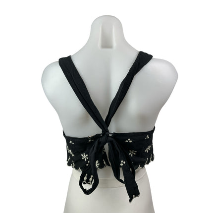 Free People Kayla Black Floral Embroidered Sleeveless Tie Blouse Top Size S