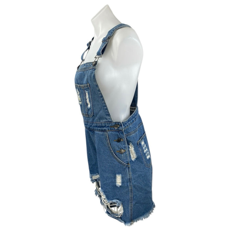 The Rockn Rev Womens Blue Denim Distressed Overall Jeans Jumpsuit Romper Size 4