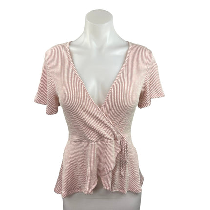 Caution To The Wind Pink Deep V Neck Striped Wrap Peplum Blouse Top Size M