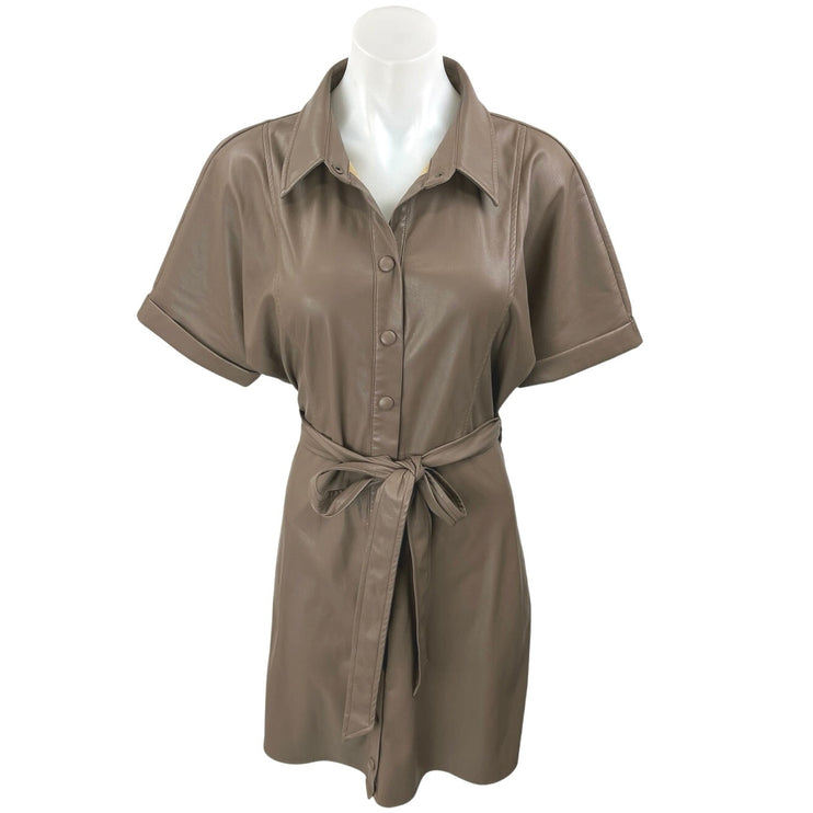 Heartloom Tan Brown Vegan Faux Leather Short Sleeve Belted Button Shirt Dress M