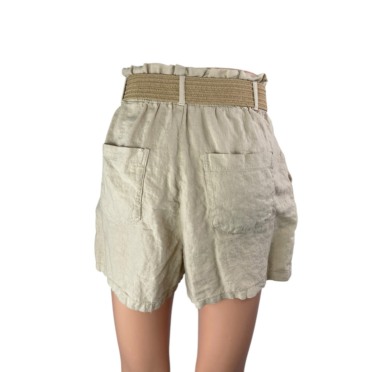 Zara Women's Beige High Waisted Belted Wide Leg Paper bag Mini Shorts Size XS