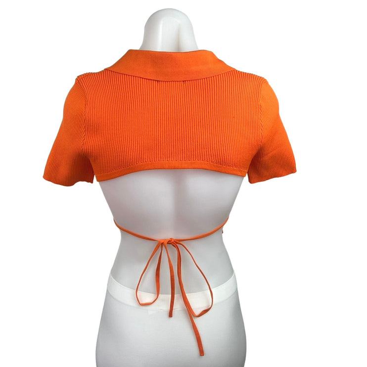 PrettyLittleThing Orange Ribbed Knit V Neck Collared Cutout Crop Top Size M