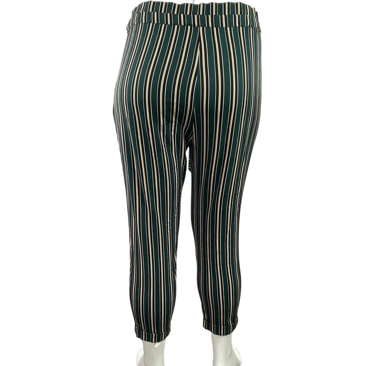 Pull & Bear Green Striped High Waisted Skinny Leg Paper Bag Trousers Pants Sz XL