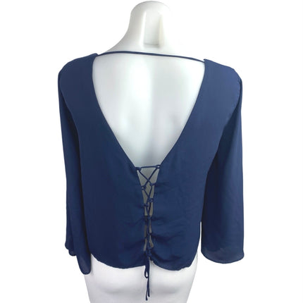 Zara Women's Blue Lace Up Open Back V-Neck Long Bell Sleeve Blouse Top Size S