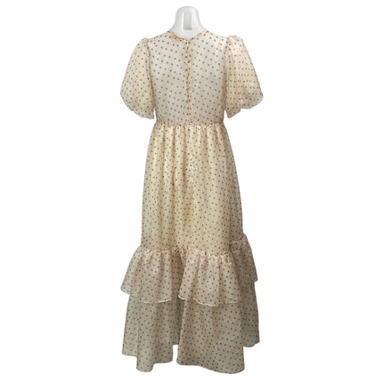 by TiMo Cream Short Puff Sleeves Polka Dots Tiered Ruffles A-line Maxi Dress S