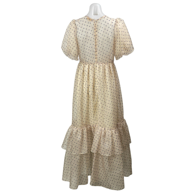 by TiMo Cream Short Puff Sleeves Polka Dots Tiered Ruffles A-line Maxi Dress S