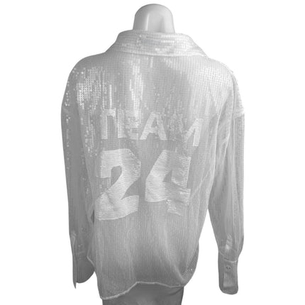 Chosen by KYHA Team 24 White Sequin Pockets Button Down Sheer Blouse Shirt Top L