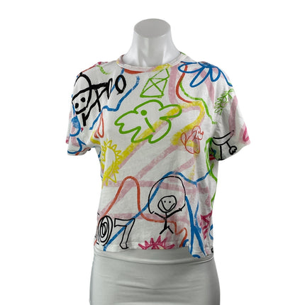 Zara Women's White Colorful Graffiti Crayon Drawing Graphic T Shirt Tee Top Sz S