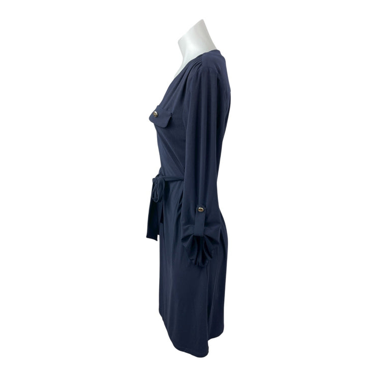 Emma & Michelle Navy Blue Long Sleeve Zip Pocket Tie Waist Mini Shirt Dress Sz S