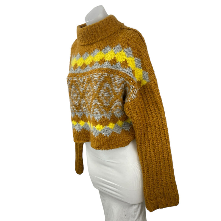 Free People Alpine Tan Wool Argyle Ribbed Mock Neck Cropped Sweater Top Size XS