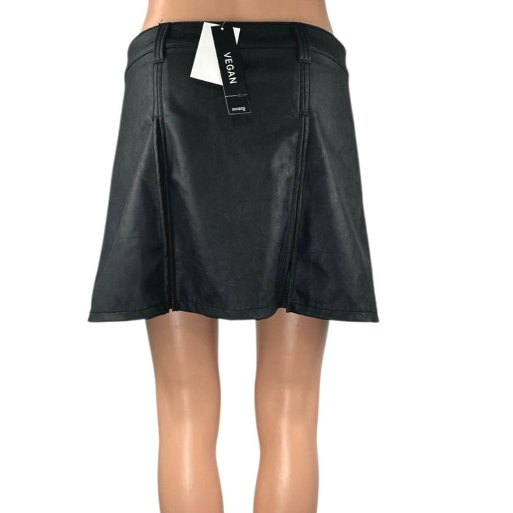NEW H&M Black Faux Leather Vegan Low Waist Pleated A Line Mini Skirt Size S