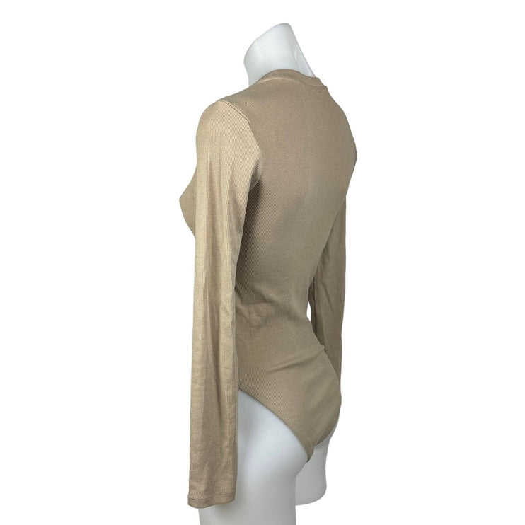 Zara Beige Crew Neck Long Sleeve Stretch Ribbed Knit Fitted Bodysuit Top Size M