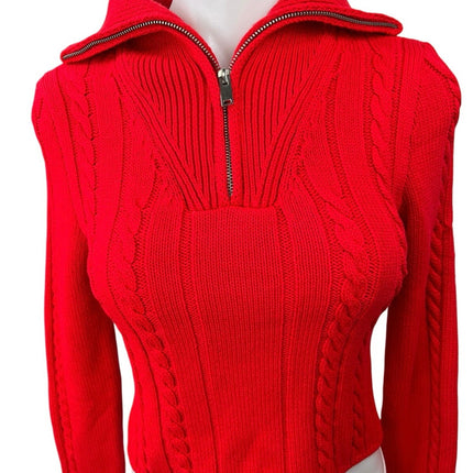 Zara Red Cable Knit 1/4 Zip High Neck Collared Long Sleeve Crop Sweater Top Sz S