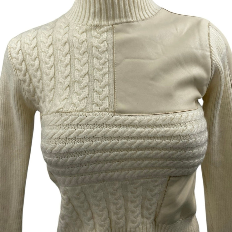 Central Park West Cream White Cable Knit Turtleneck Long Sleeve Crop Sweater XS