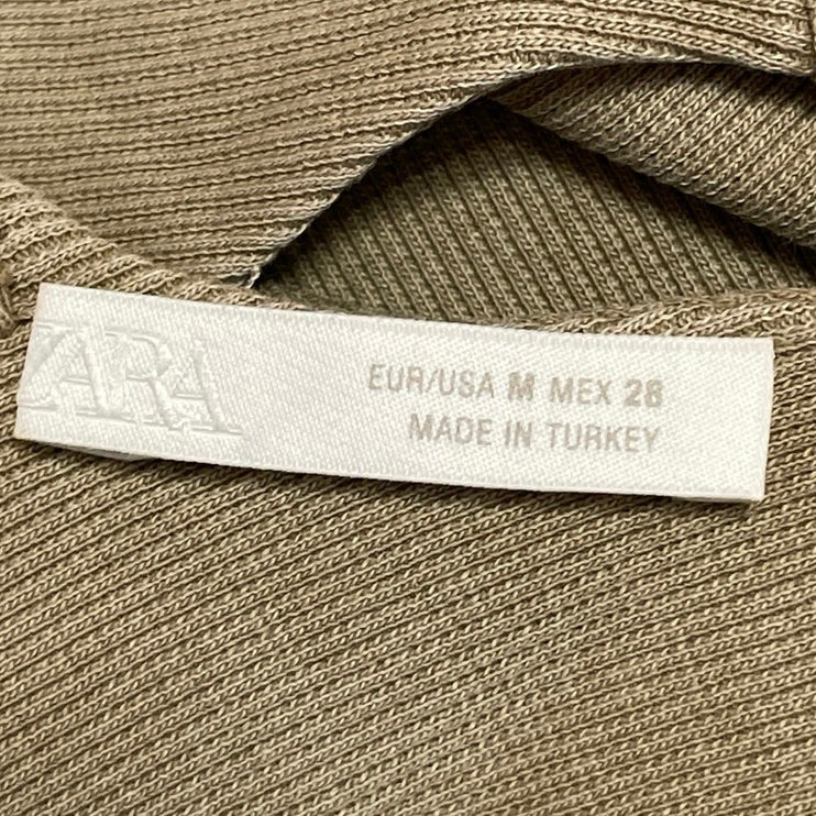 Zara Women's Olive Green Ribbed Knit Open Back Backless Tie Crop Top Size M