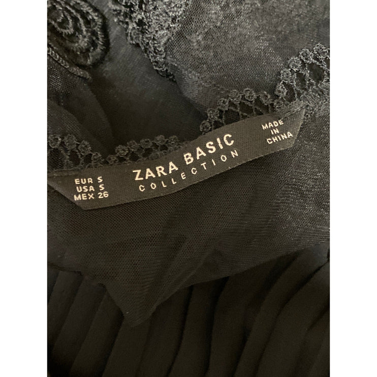 Zara Black Floral Mesh Lace Pleated Fit & Flare A Line Evening Mini Dress Size S