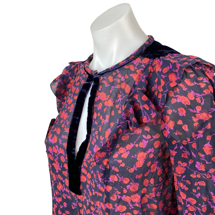 L.K. Bennett Multicolor Mesh Sheer Floral Long Sleeve Cutout Blouse Top Size 4