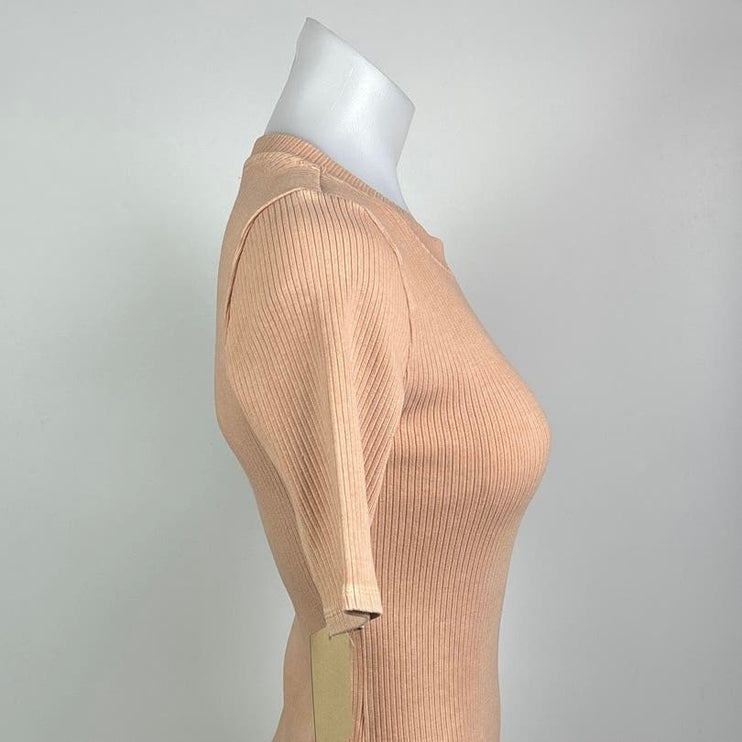 Aritzia Wilfred Free NWT Astoria Peach Orange Ribbed Round Neck Mini Dress Sz S