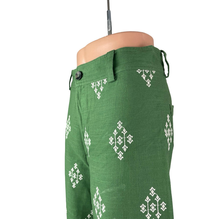 Zara Women's Green White Linen Embroidered High Rise Crop Wide Leg Trousers S