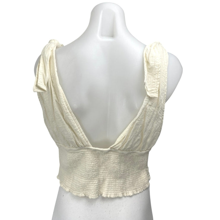 Free People Cream White Sleeveless V-neck Tie Shoulder Smocked Crop Tank Top M